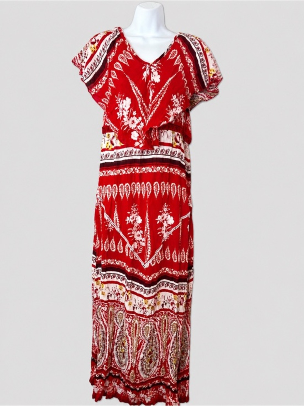 Raga Boho Floral Paisley Maxi Dress Red Flutter Sleeve Festival Cottagecore